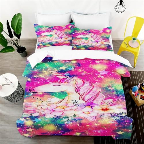 WEQEER Einhorn bettwäsche 135x200, Bunte Bettwäsche Set Regenbogen Mikrofaser Kinderbettwäsche Geeignet für Kinder Erwachsene (1,Single 140x210CM)