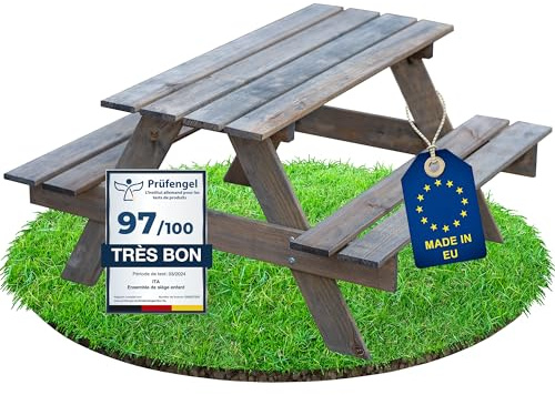 ITA Picknickbord för barn i trä med 2 bänkar, sittgrupp för barn från 3 år, för inom- och utomhusbruk, FSC-certifierat trä, tillverkad i EU, Grå
