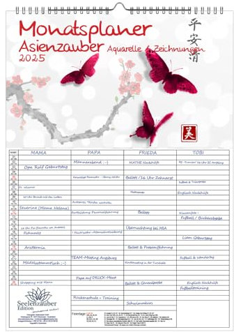 Asienzauber Zeichnungen und Aquarelle Planer Wandplaner Familienplaner 4 Spaltenplaner DIN A3 Kalender für 2025 Japan Stadt und Land - Seelenzauber
