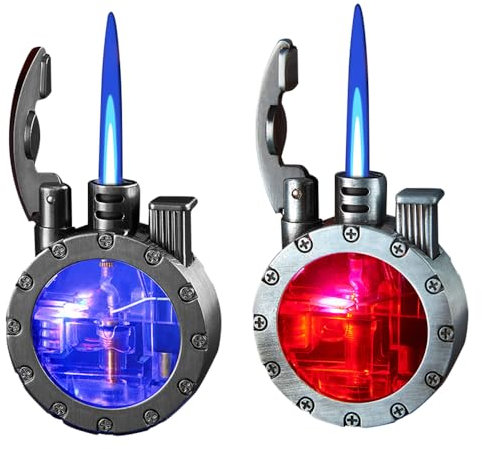 SPIDHYOY 2 Stück blau-roter Farbverlauf, winddicht, Butan-Jet-Feuerzeug, lustige coole Feuerzeuge, verstellbare Jet-Flamme, nachfüllbar, Grillkerze, Camping (ohne Gas)