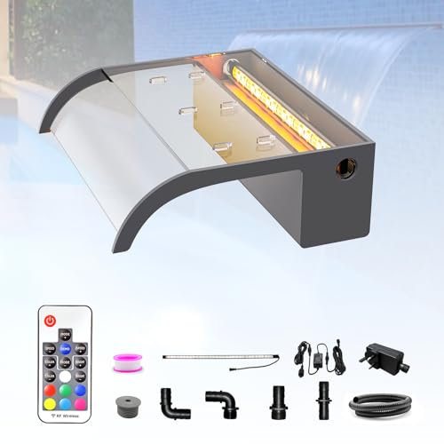 LONGRUN Kit de Cascada de Piscina de 30 cm, Fuente de Estanque de acrílico, con luz LED RGB, Ancho 25,5 cm