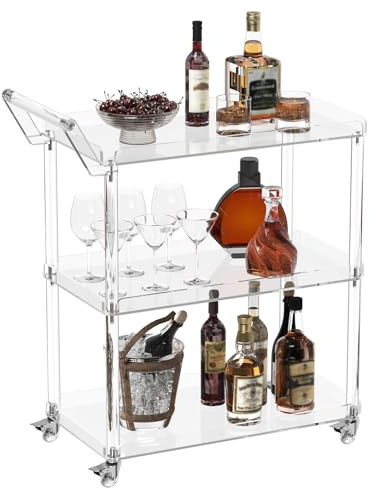 HMYHUM Acrylic Bar Cart with 4 Lockable Wheels, 30.5 L x 15.2 W x 34.5 H