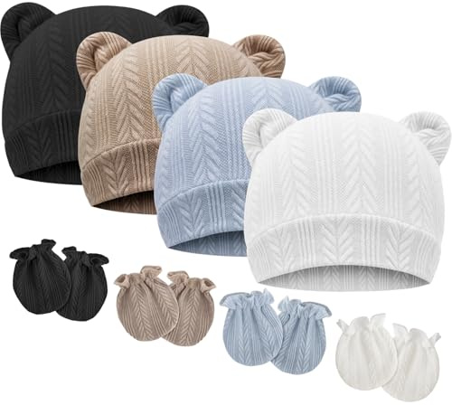 DRESHOW Neugeborenes Baby Mütze Hut und Handschuhe Set Unisex Infant Hut | Für 0–6 Monate, Baby-Baumwolle, Strickmütze mit Bärenohren und Kratzhandschuhen, Mützen für jede Jahreszeit
