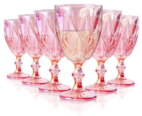 StarLuckINT Pink Vintage goblets Glasses Set of 6, 10oz Embossed Rhombus Wine Glasses, Colored Plating Glassware for Juice Water Wine Cocktail Whiskey Wedding Party Everyday Baby Shower