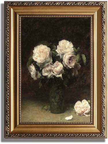 ASTRDECOR Vintage Floral Wall Art, Gold Framed Canvas Wall Art Moody Dark Roses Painting, Vintage Flower Art Print for Kitchen Bedroom Bathroom Wall Decor, French Country Decor - 12 x 16