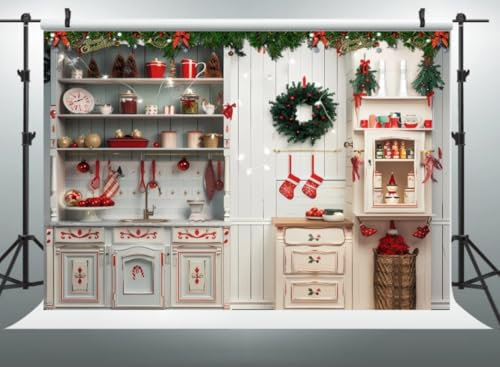 WaW 2.7x1.8m Weiß Holz Schrank Küche Weihnachten Fotohintergrund Stoff Weihnachs Hintergrund Fotostudio Fotografie Kinder Baby Shooting