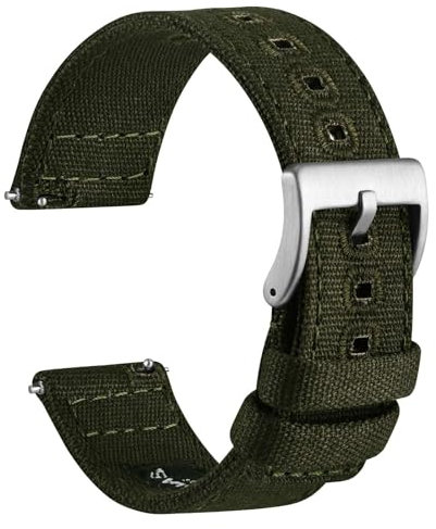 WOCCI 20mm Segeltuchstoff Uhrenarmband, Schnellverschluss, Ersatzband, Silberne Schnalle (Armee Grün)