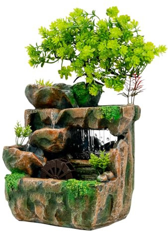 HuKaiL Fontaine d'intérieur en résine avec éclairage LED et réglage du débit d'eau - Mini fontaine de table pour salon, bureau, méditation - 27 x 20 x 16 cm