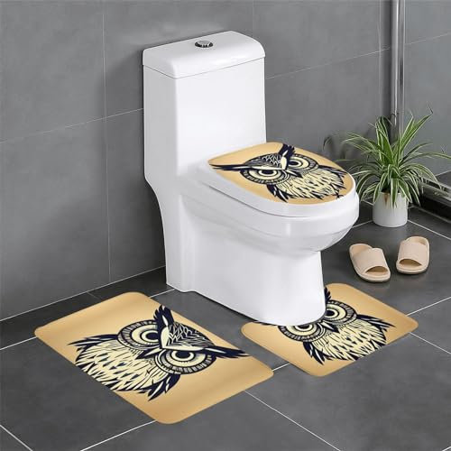 MDATT Badezimmerteppich-Set mit niedlichem Eulen-Design, ultraweich, rutschfest, Geschenk für Badezimmer, Schlafzimmer, 3-teilig