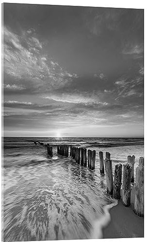 Posterlounge Coucher de soleil sur la mer du Nord Tableau en verre acrylique de Heiko Mundel 60 x 90 cm Noir et blanc Tableaux Décoration murale