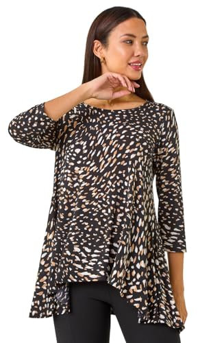 Roman Originals Hanky Hem Tunic Top for Women UK - Ladies Longline Blouse Asymmetric Hemline Casual Slouch Loose 3/4 Sleeves Round Neck Relaxed Comfortable Holiday - Tan Black - Size 18