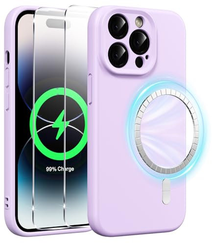 Xiltlly Magnetisch Silikon Hülle für iPhone 14 Pro 6,1 Zoll mit 2 Stück Schutzfolie, Kompatibel mit MagSafe, Stoßfeste Kratzfeste Handyhülle für iPhone 14 Pro, Lila