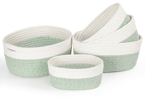 Vikcvcsc Lot de 5 Panier Rangement en Corde de Coton, Panier Rangement Bébé, Panier Rangement Salle de Bain, Panier de Rangement, Panier Table a Langer Bebe, Corbeille Rangement, Blanc & Vert