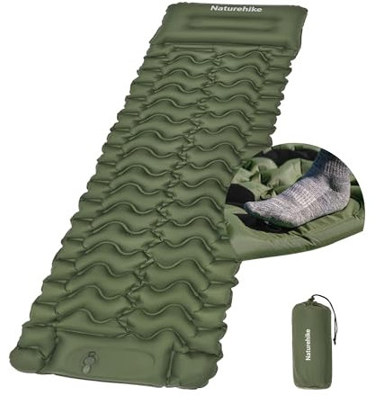 Naturehike Materassino da Campeggio con Cuscino, Ultraleggero, Gonfiabile, Pompa ad Aria Integrata, Facile da Gonfiare, Adatto per Tende da Trekking, Livello di Ingresso (Verde militare - Singolo)