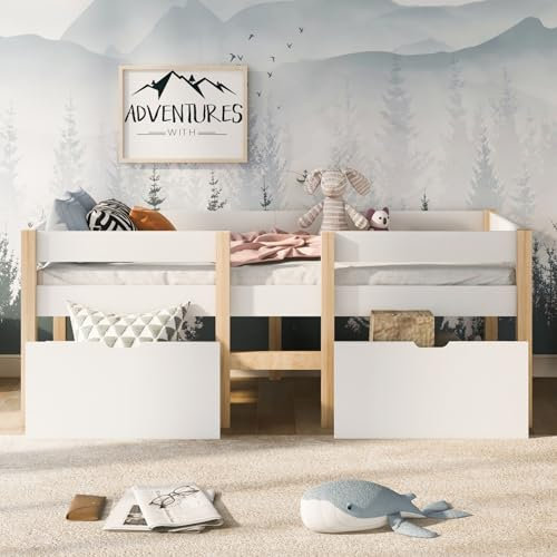 WEALTHOUSE Halbhochbett mit Herausfallschutz, modernes skandinavisches Design aus massivem Kiefernholz, stabiles Bettgestell mit Leiter und Lattenrost für Schlafzimmer (Mit Schublade,90x200cm)