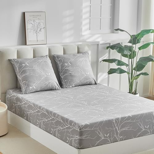 Tokokimo Drap Housse 140x190/200cm - Gris Branche - Grand Bonnet 35cm | 100% Microfibre Ultra Douce, Coins Élastiqués, 2 Taie d'oreiller 65x65cm Assortie avec Le même Motif, Lavable en Machine
