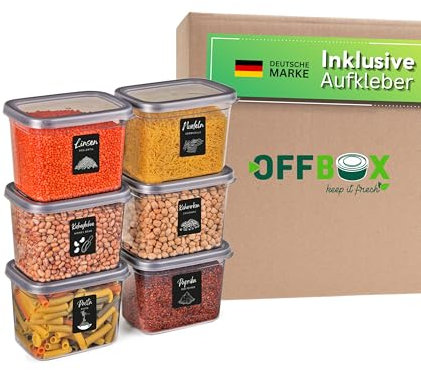 OFFBOX Vorratsdose mit Deckel luftdicht | 6x 1200ml Rechteckiges Vorratsdosen Set BPA-frei | Küchen Organizer & Aufbewahrungsbox für Mehl, Müsli & Zucker | Stapelbar & platzsparend