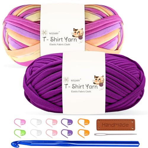 T Shirt Yarn for Crocheting 100gx2 Chunky Crochet Yarn Elastic Fabric Set with 10mm Hook and Accessories – Ideal for DIY Bags, Blankets, Baskets and Home Decor Projects (Mix-Violet)