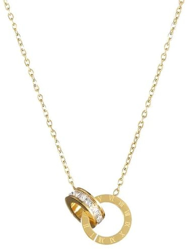 Sanixa Karma NH10785785 Halskette Damen Edelstahl Gold 40 Kette mit Doppelring Anhänger mit römischen Ziffern und funkelnden Steinen wasserfest und antiallergisch verstellbar Damenhalskette