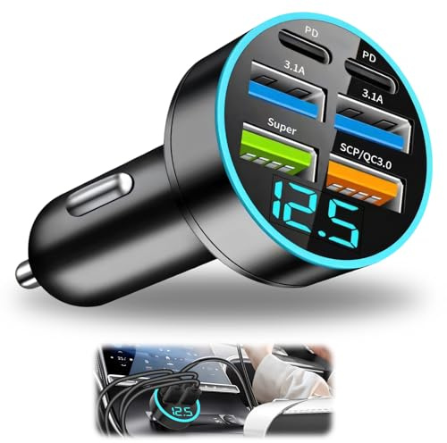 66W USB Auto Ladegerät, 6 Ports Dual PD & 3.1A Zigarettenanzünder Schnellladung 12V/ 24V mit LED Voltmeter Kompatibel mit Android, MacBook Pro, iPhone, iPad, Samsung Galaxy Phone Geräte
