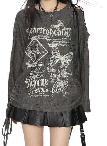 Skateboard Frog Women Goth T Shirt Harajuku Anime Y2K Grunge Off Shoulder | Women loose slouchy long sleeve tee with hollow cutout cartoon print streetwear gothic kawaii grunge aesthetic daily outfits