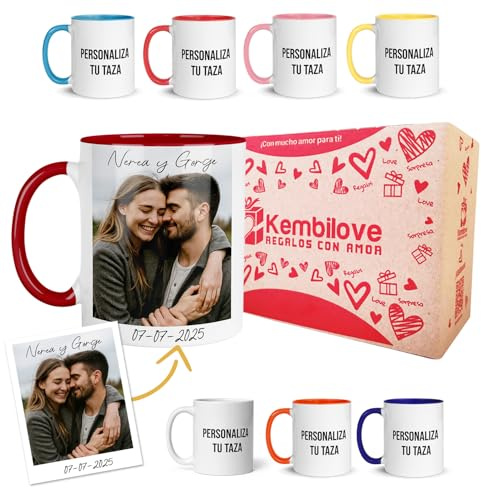 Kembilove® Taza personalizada con foto y nombre | Regalo romántico con caja decorada | Ideal para pareja aniversario San Valentín o cumpleaños