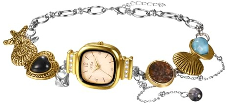 JewelryWe Damen Halskette mit Quadratischer Uhr: Boho Maritim Uhrenkette Vintage Analog Quarz Taschenuhr Kettenuhr mit Seestern Muschel Herz Anhänger Ozean Schmuck Choker Kette Halsuhr Gold Silber