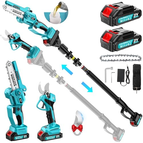 Tronçonneuse Télescopique Sans Fil, 1000W 33 mm Secateur Electrique (Avec Perche de 2,2 m + Mini Tronçonneuse de 6 pouces), 4 en 1 Kit de taille avec 2x2000 mAh Batteries pour le Vergers et le Jardin
