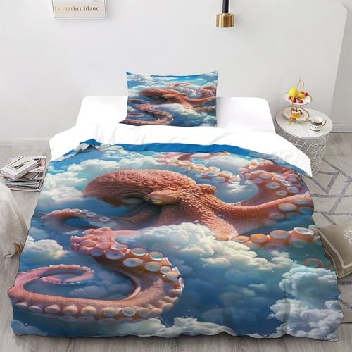TiTCiveR Octopus Wolken Bettbezug Dreamy Marine Wolken Kinderbettwäsche Reißverschluss Mit Kissenbezug Betten Set Für Jungen Und Mädchen,Kinder Single（135x200cm）