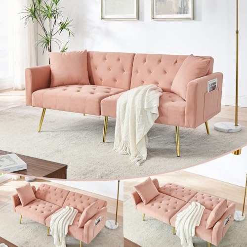 Anwick Zweisitzer Sofa mit 3-stufiger Rückenlehne & Teddyfell – Moderner Schlafsofa zum Ausklappen, inklusive 2 Kissen und goldenen Metallbeinen, platzsparend (Teddy, Rosa)