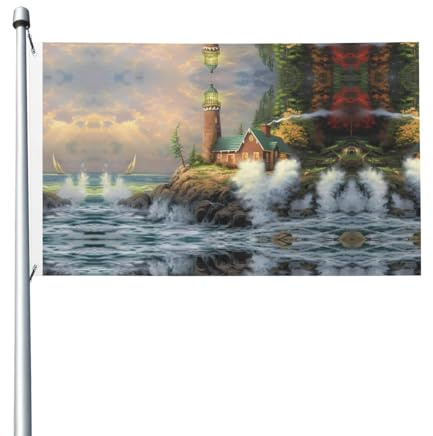 Doppelseitige, festliche Flagge, 90 x 152 cm, Küstenwelle und Leuchtturm, bedruckte Flagge mit Ösen, geeignet für Heim- und Außendekorationen