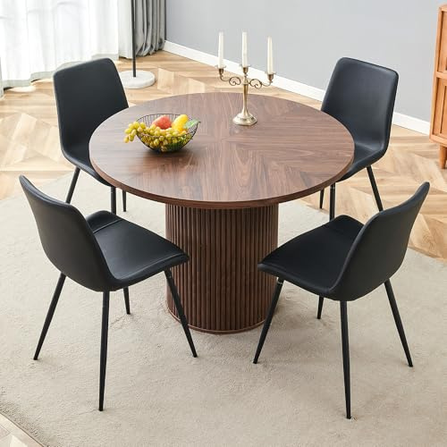 NuvlaGu Ensemble de table à manger ronde 100 cm en MDF aspect noyer avec 4 chaises en cuir synthétique noir et structure en métal noir pour salle à manger et cuisine (noir + noyer)