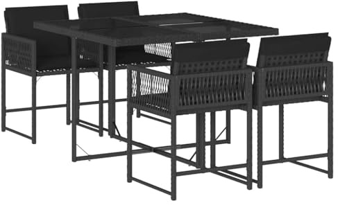 Hommdiy Garten Essgruppe,Gartenmöbel Set,Gartentisch mit 4 Stühlen Set,Essgruppe mit 4 Stühlen,Garten Sitzgruppe,Gartengarnitur Set Schwarz Glas 5-TLG.