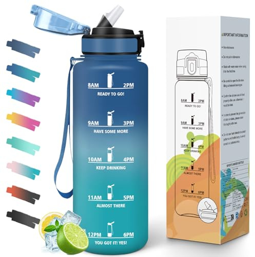 Trinkflasche 1.5 Liter, mit Strohhalm, Sportflasche, auslaufsicher mit Zeitmarkierung Motivationsskala, Wasserflasche, für Kohlensäure geeignet, Schule, Büro， Wiederverwendbare Trinkflasche Sport