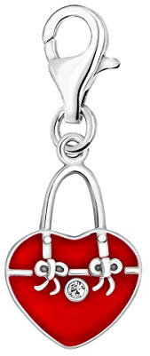 Quiges Charm Anhänger Weiß Zirkonia und Rot Emaille 3D Herz Handtasche mit Bows 925 Silber mit Karabinerverschluss für Bettelarmband