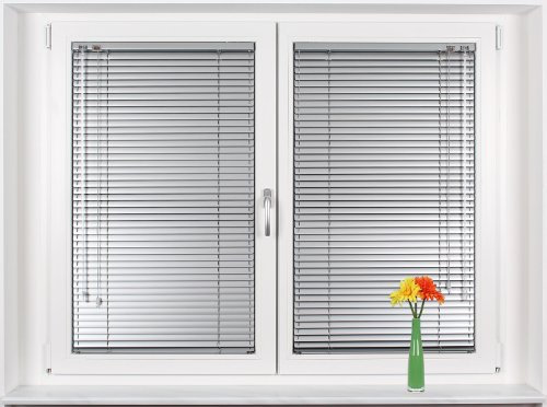 EFIXS Jalousie auf Maß - Maßanfertigung - Breite bis 60 cm x Höhe bis 180 cm - Farbe: Silber - Montage: Festschrauben im Glasfalz - mit Seitenführung - Bedienung: Wendestab und Zugschnur