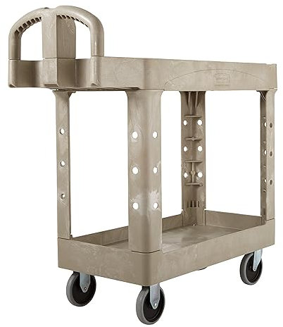 Rubbermaid Commercial FG450088BEIG Heavy-Duty Service Cart with Lipped Shelves, Small, Beige