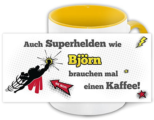 Namens-Tasse Björn mit Superhelden-Motiv für Kaffeetrinker, gelb/weiss