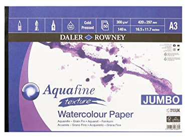 Daler-Rowney Aquafine Textured Watercolour & Gouache Cold-Pressed 300gsm A3 Paper Pad, Glued 1 Side, Natural White, 50 Sheets, Ideal for Professional & Beginner Artists & Students, Acid-Free