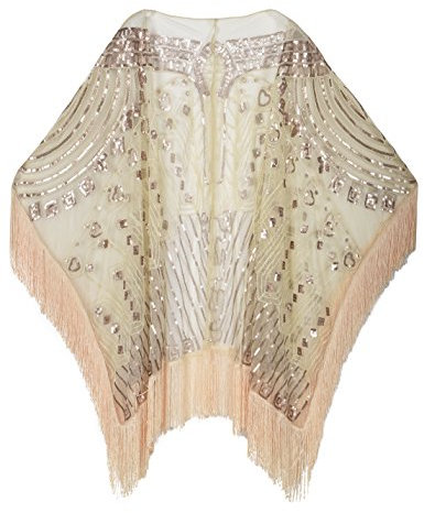 PrettyGuide Damen Schal Abendkleid Perlen 20er Jahre Fransen Übergroß Stola Champagner Beige
