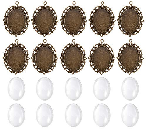 PandaHall Elite - Set von 10 DIY Anhänger Sets Halter Anhänger in Alloy und Transparent Oval Glas Cabochons für Schmuck, antike Bronze