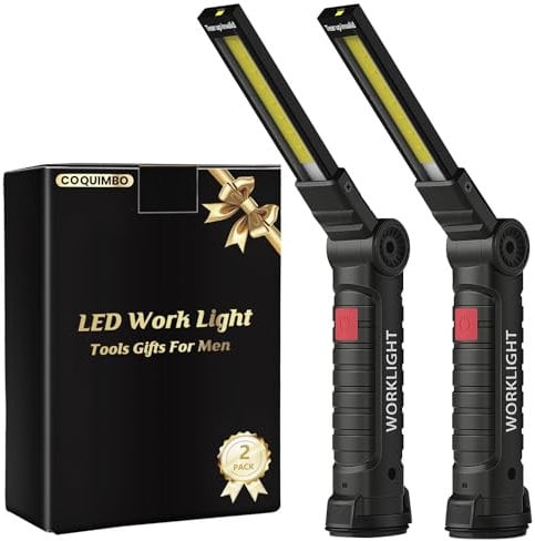 Coquimbo Work Light Gifts for Men Him Dad Husband, LED Torch Rechargeable Inspection Lamp Mechanic Emergency Light BBQ Accessories 360° Rotate with Magnetic Base and Hook (2 Pack, Black)