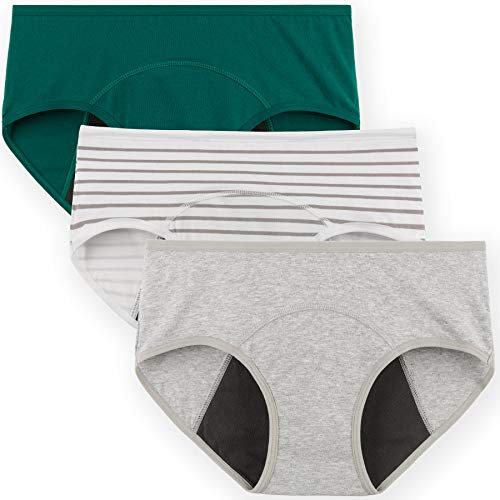 INNERSY Menstruationunterwäsche Damen Period Panties Inkontinenz Unterhosen 3er Pack (S, Grau/Grün/Streifen)