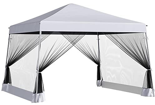 Outsunny Outdoor Garden Pop-up Gazebo Canopy Tent Sun Shade Event Shelter Folding with Adjustable Height, Mesh Screen Side Walls 3.5 M × 3.5 M Base / 3 M × 3 M Top, White