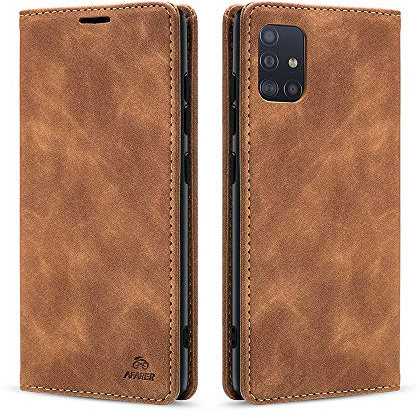 AFARER Handyhülle für Samsung Galaxy A71, mit Magnetverschluss klapphülle, Brieftasche Klappbar Ledertasche Leather Wallet case Stoßfest Schutz mit Kartenhalter,Klappständer Ständer - Braun
