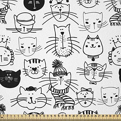 ABAKUHAUS Gekritzel Stoff als Meterware, Comic Doodle Katzen Hipster, ausdehnbar mit Elestan für Heimwerkarbeiten und Näharbeiten, 1Meter, Grau Weiß