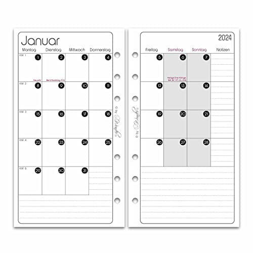 SinnWunder® Premium Kalendereinlagen 2026 – teilbarer Monatskalender mit 1 Monat auf 4 Seiten – Plus Notizen – Größe Personal (9,6 x 17,2 cm)