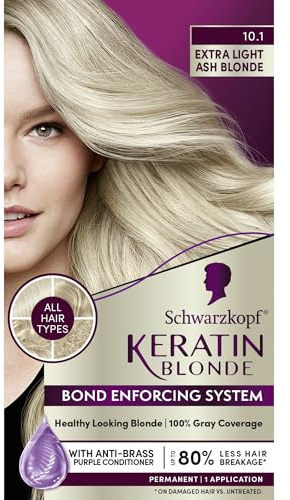 Schwarzkopf Keratin Color Permanent Hair Color, 10.1 Extra Light Ash Blonde, 1 Application-Salon Inspired Permanent Hair Dye, for up to 80% Less Breakage vs Untreated Hair and up to 100% Gray Coverage