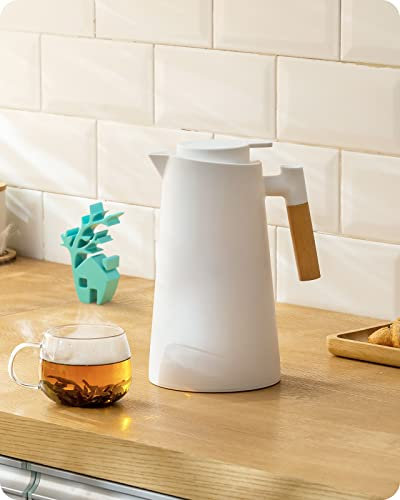 Baffect Thermal Carafe, 34oz Thermal Vacuum Carafe with Glass Liner and Wood Handle Insulated Coffee Carafe for Coffee Tea Hot or Cold Drinks(1 Liter, White)