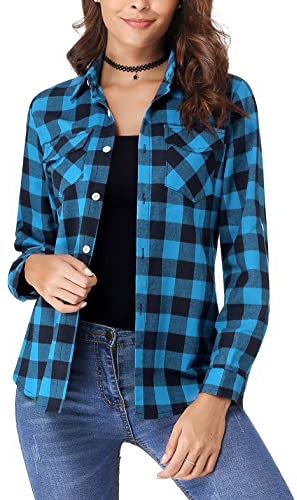 Irevial Camicia Donna Manica Lunga a Quadri Elegante Camicetta Classico Bluse Casual Primavera Autunno Blu M
